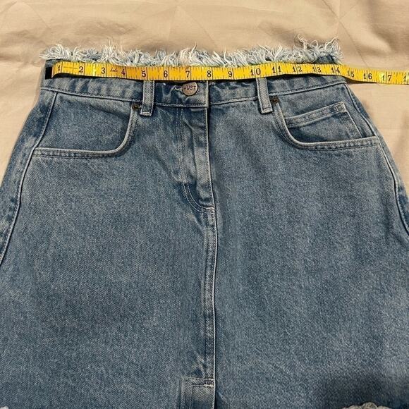 JUST Jean Skirt Two Tone Zip Frayed RARE Streetwear Modest Denim Y2K Knee Length - Picture 9 of 10